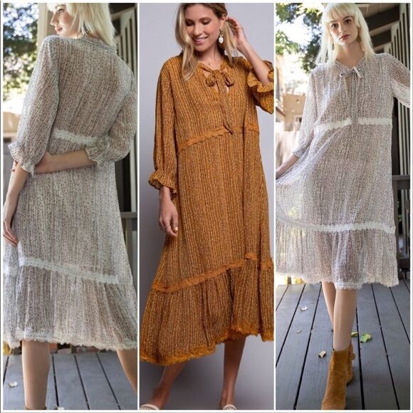 COTTAGE Core  A Shape  Lace Trimmed Dress w/ 3/4 Sleeves - Picture 11 of 16